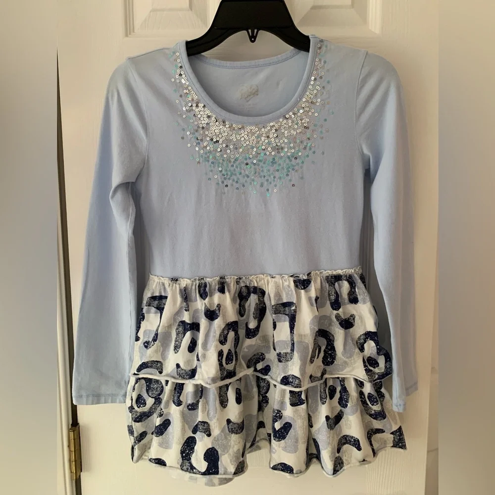 Justice Y2K Shirt Girls 12 Blue Sequin Long Sleeves Leopard Scoop Neck Ruffles
